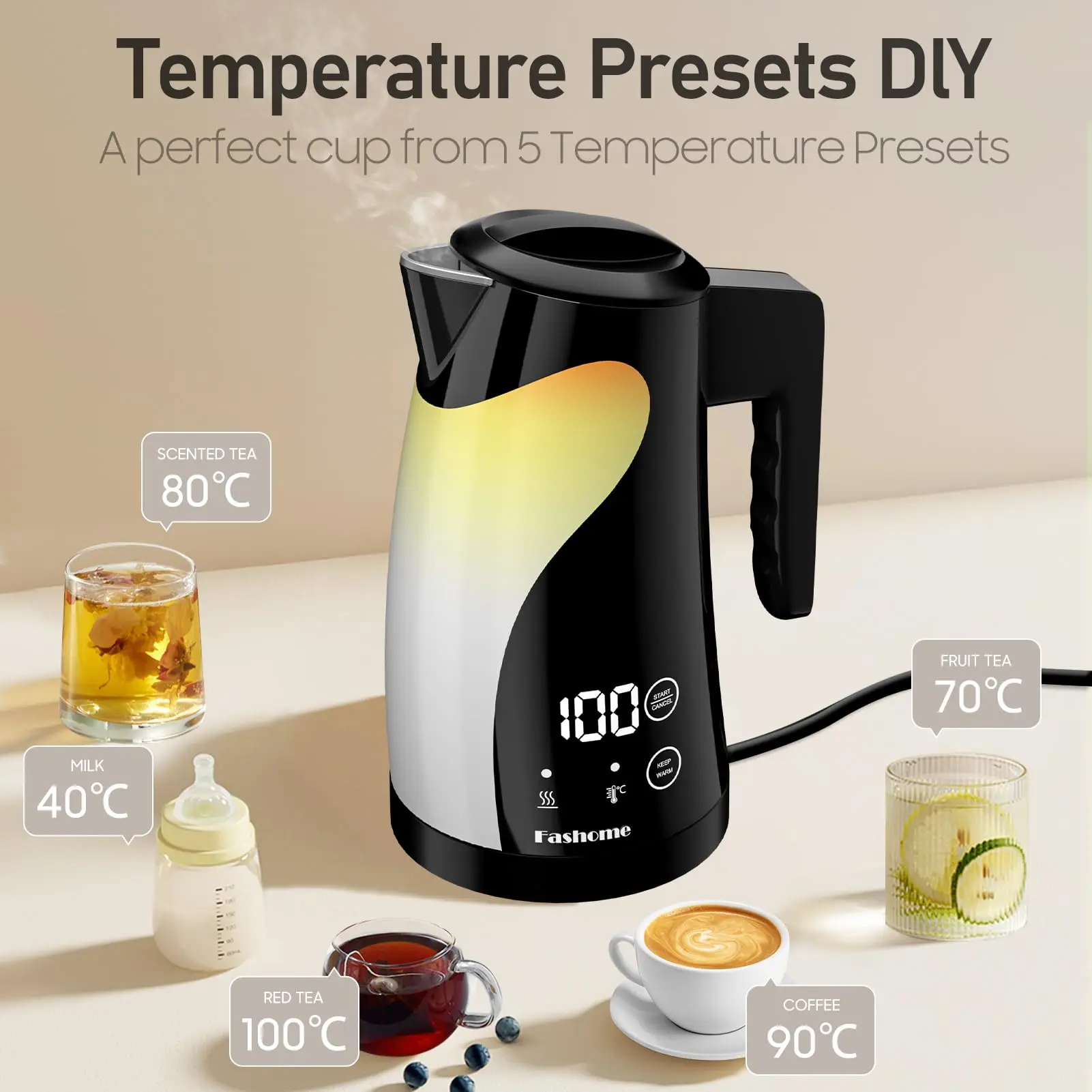 Fashome Electric Kettle 1300W 1.25L Stainless Steel Electric Tea Kettle Temperature Control Kitchen Coffee Water Kettle Pot 5