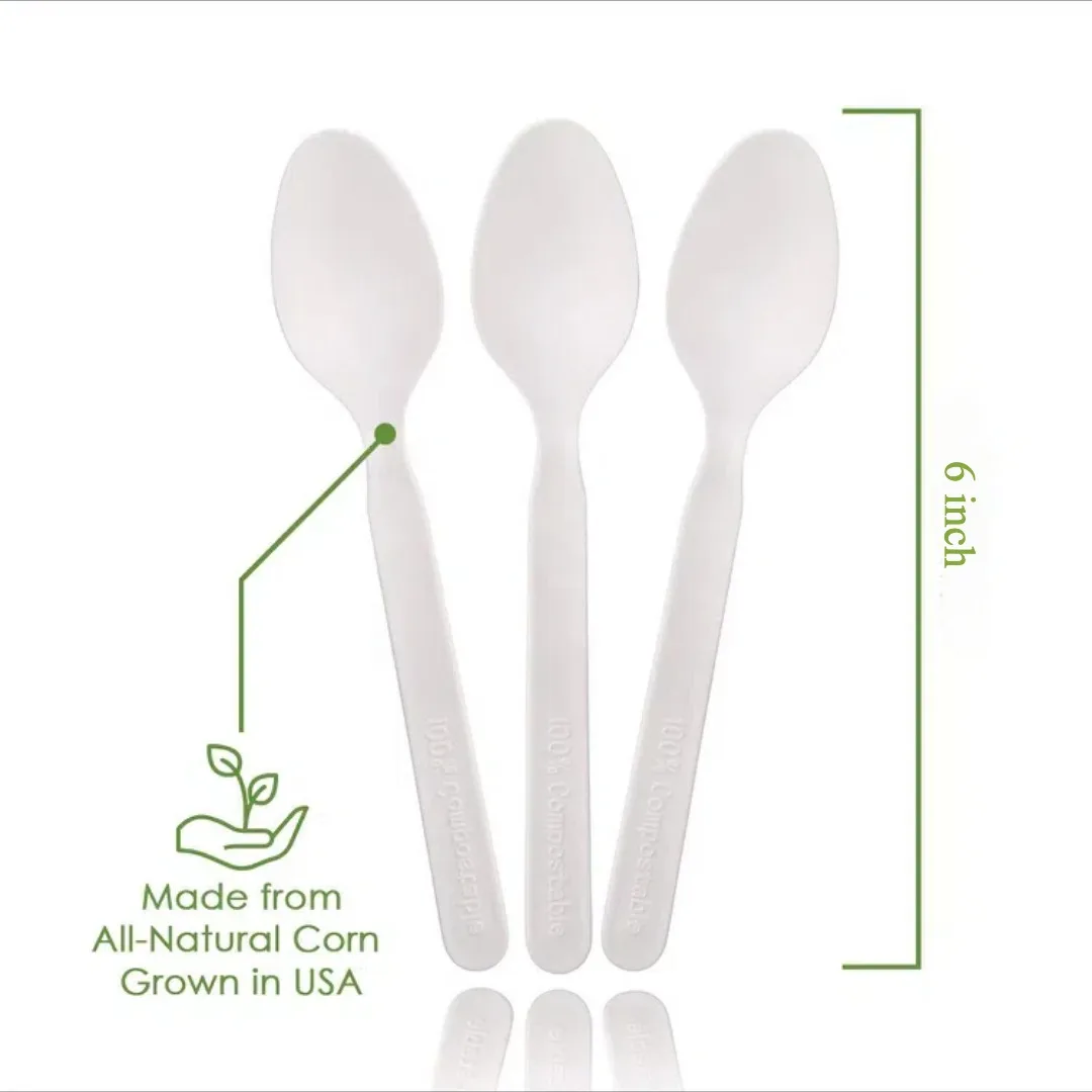Disposable CPLA Utensils Set, Compostable and Biodegradable Cutlery for Restaurants and Camping，6 inch 50pack spoons，forks andkn