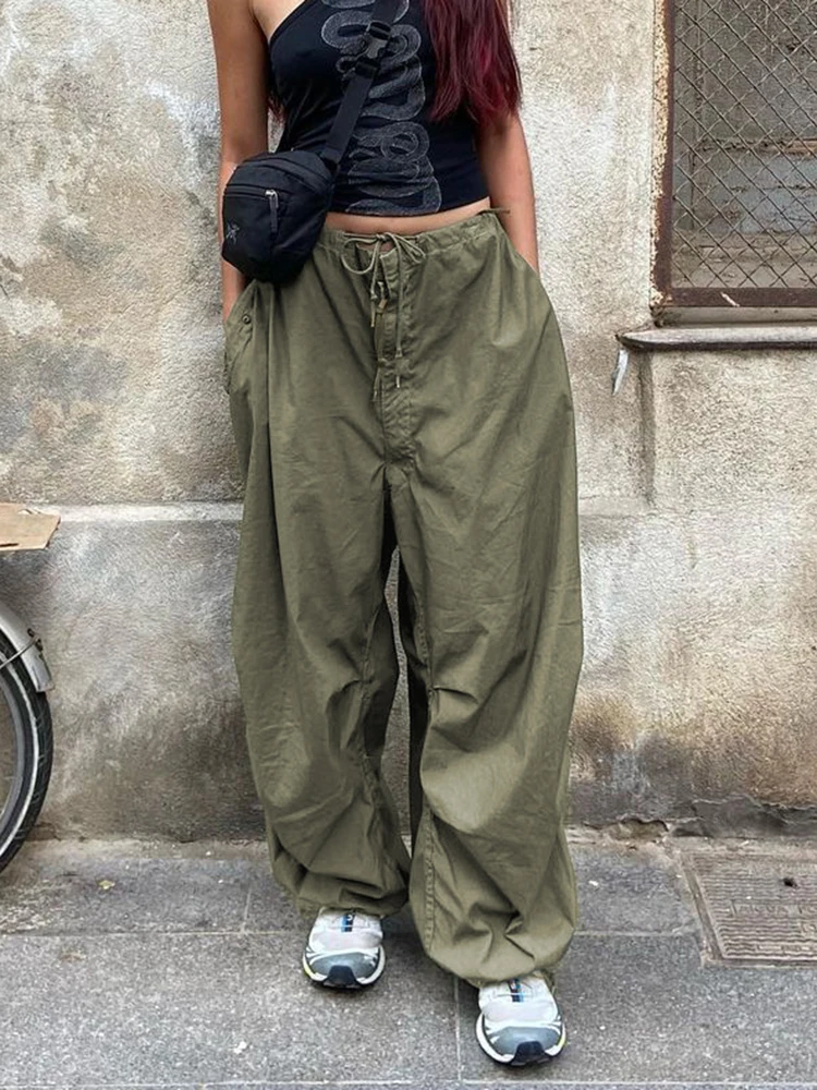 

Y2k Streetwear Cargo Pants Women Trend Hippie Joggers Casual Baggy Wide Leg Sweatpants White Loose Drawstring Low Waist Trousers