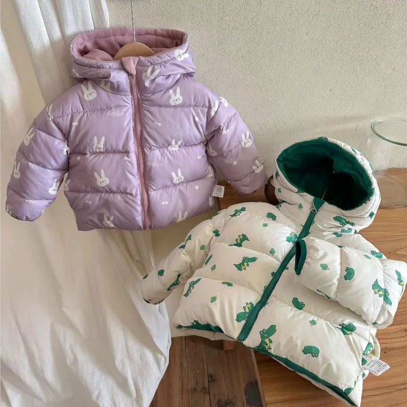 Double Sided Children's Rabbit & Crocodile Printed Puffer Coats Hooded Toddler Winter Outerwear for Boys Girls