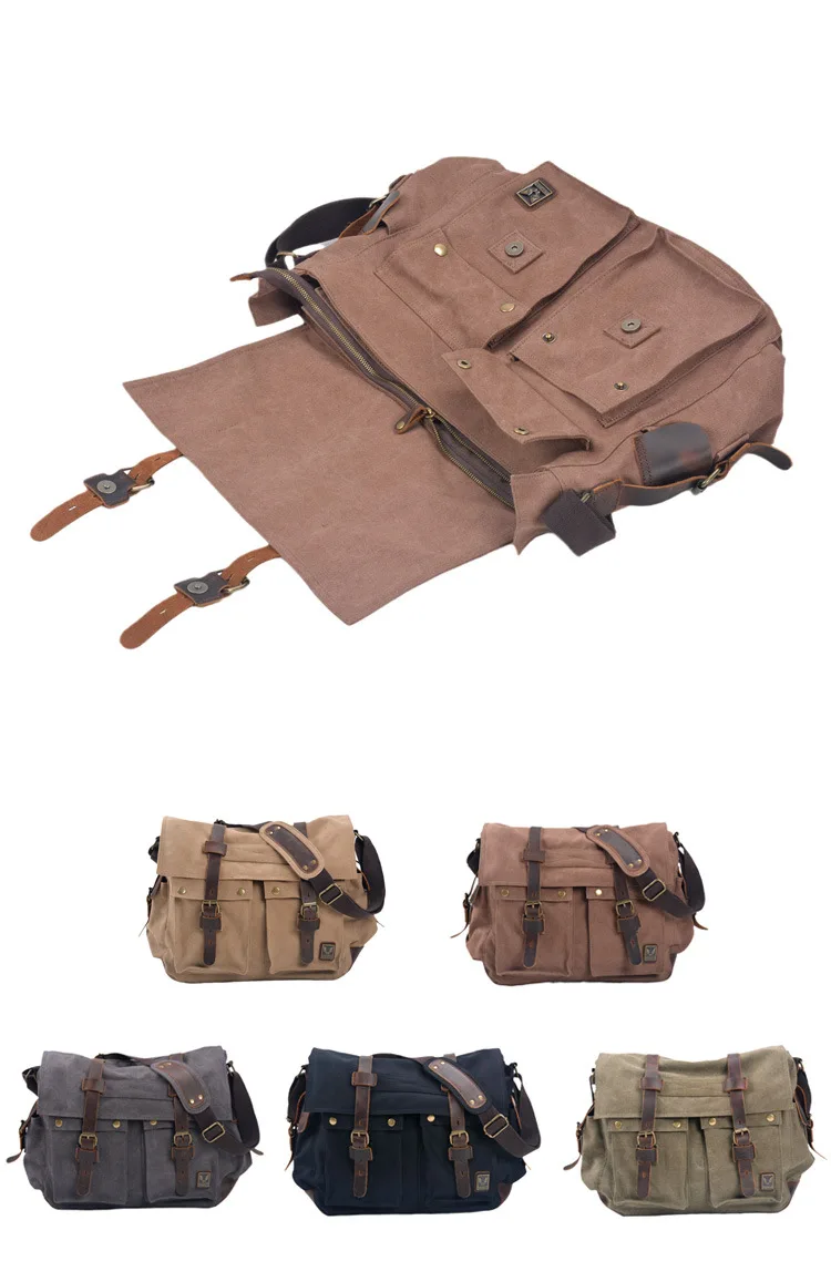 Mens Canvas Leather Messenger Bag - Large Satchel Shoulder Briefcase for Travel and Laptops