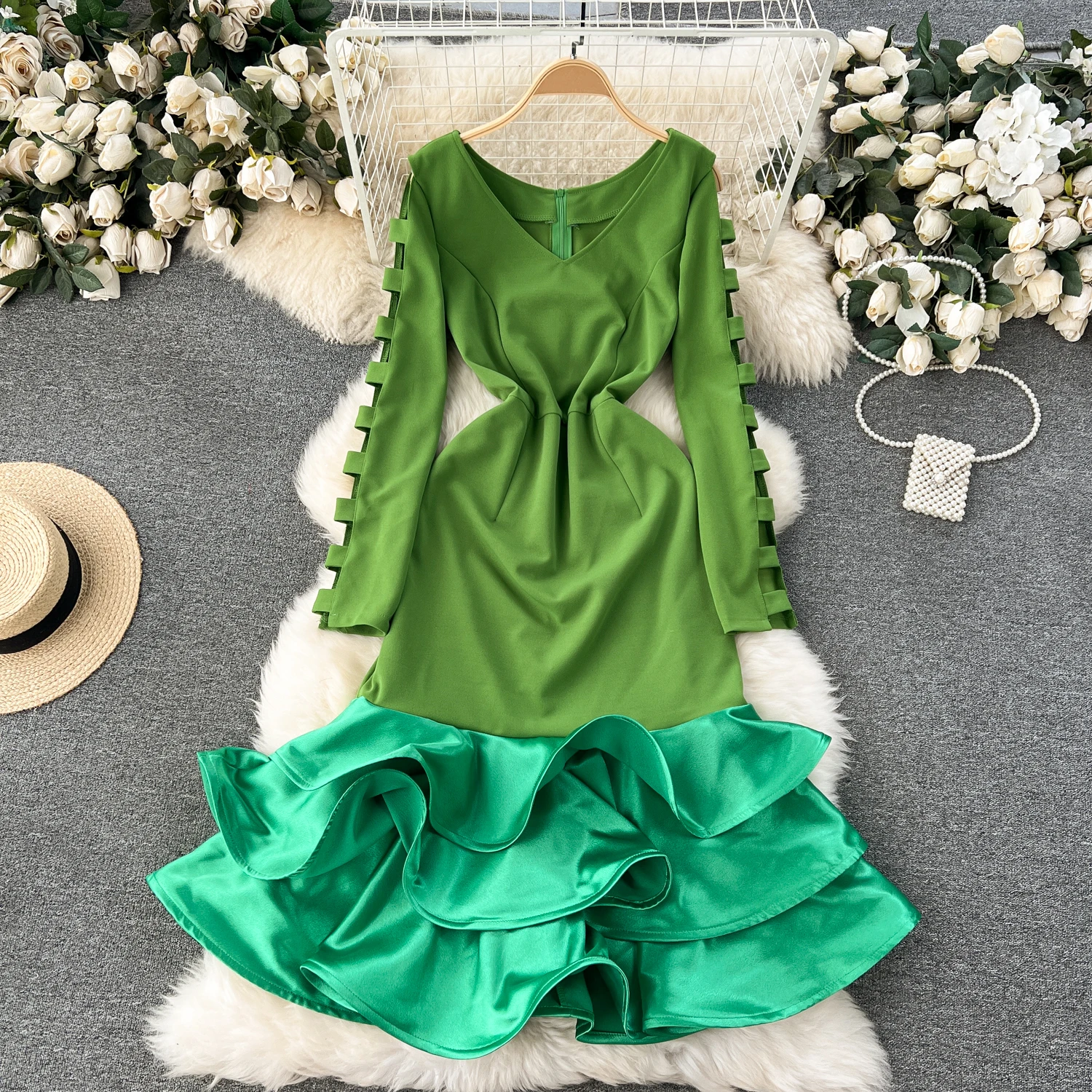 

Clothland Women Sweet Ruffle Midi Dress Hollow Out V Neck Zipper Party Event Club Sexy Cute Mid Calf Dresses Vestido QD300
