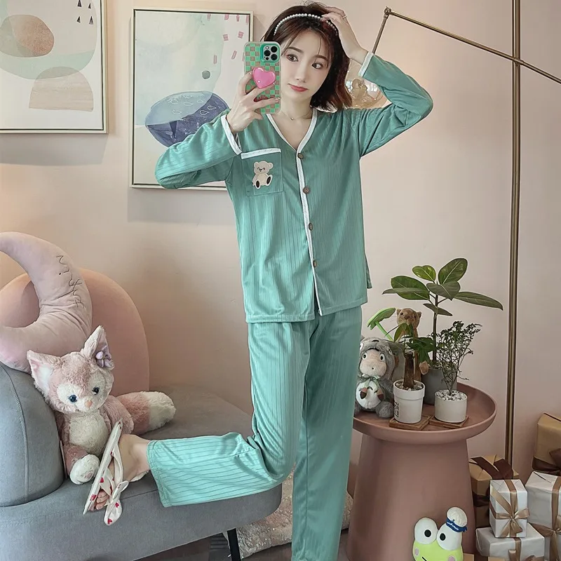 New Cotton Party Pajamas Set Spring Autumn Solid Color Long Sleeve Female Underwear Pijama Women Sleepwear Elastic Long Pants цена и фото