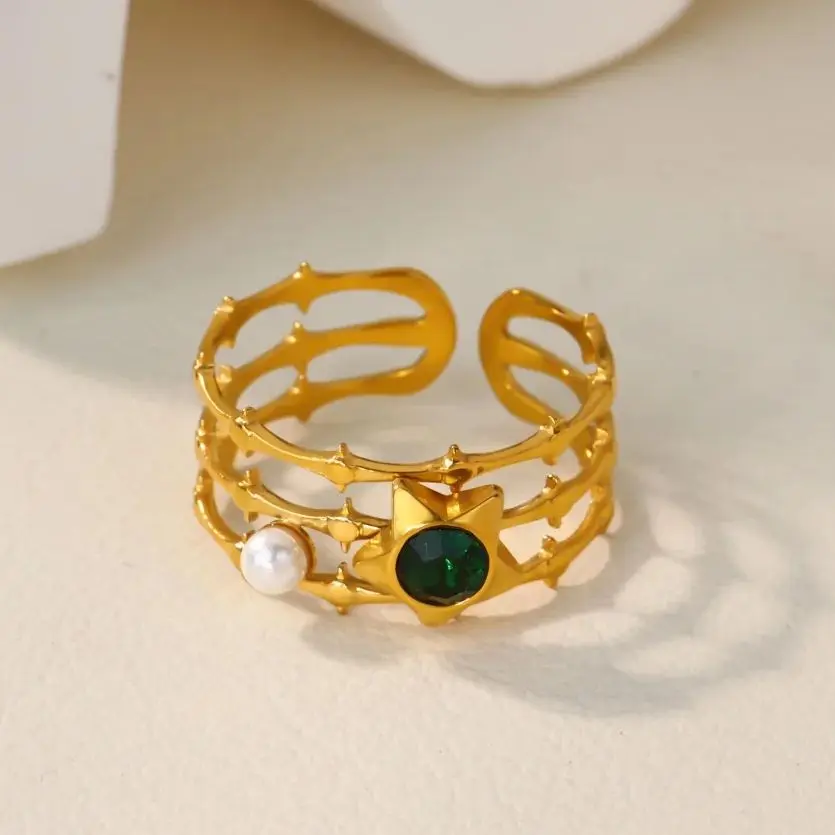 Zircon Geometric Star Pearl Rings for Women 18K Gold Plated Stainless Steel Ring