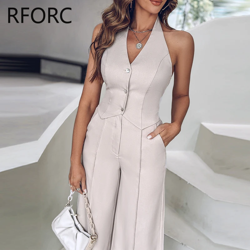 

2024 Women Solid Halter Vest Top & Bottom Bright Line Decor Two Pieces Working Pants Set