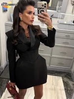Elegant Black Women Dresses Chic V-neck Cinched Waist Shoulder Pads Dress 2025 Long Sleeve Mini Party Ladies Chic Street Gowns