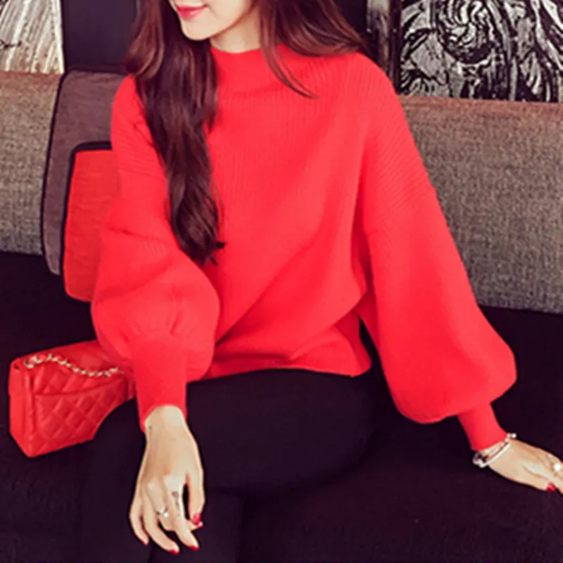 New Autumn and Winter Knitted Women's Semi High Neck Sweater Fashionable and Elegant Solid Color Lantern Sleeve Knitwear Top