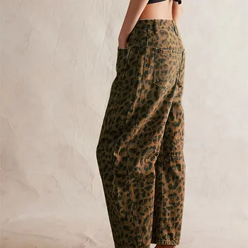 Women Leopard Barrel Jeans Y2k Cheetah Printed Baggy Boyfriend Jeans Mid Rise Wide Leg Denim Pants Horseshoe Jeans 2