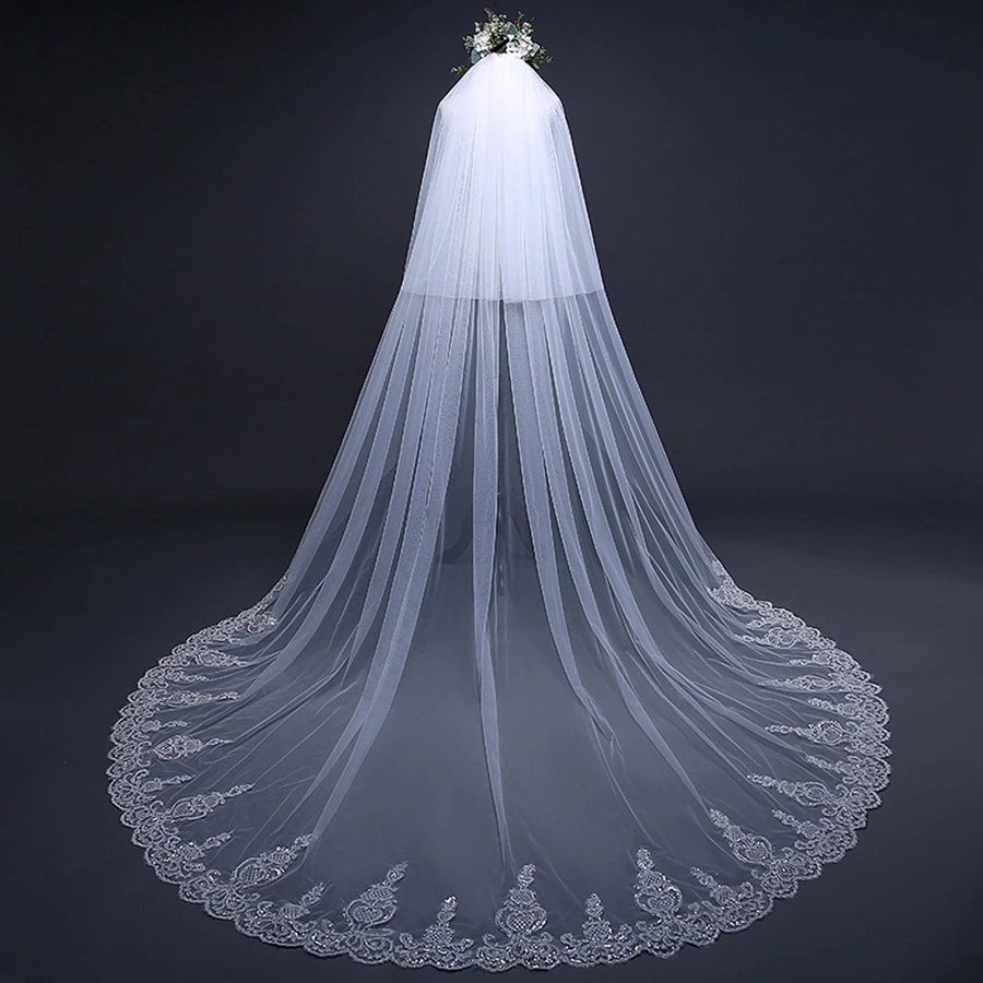 

New Arrival Ivory Bridal veils Lace Appliqued Cathedral wedding veils for women wedding Accessoirre voile long mariage sposa