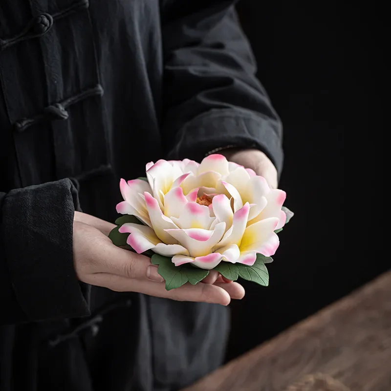 0056 Handmade Ceramic Peony Flower Ornaments Lotus Incense Burner Creative Home Hotel Living Room Tea Table Desktop Decorations