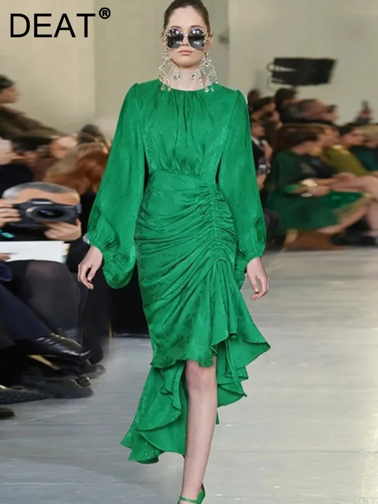 

DEAT Women's Fashion Dress O-neck Lantern Sleeve Waist Printing Pleated Irregularity Elegant Dresses Autumn 2024 New 13DB4496