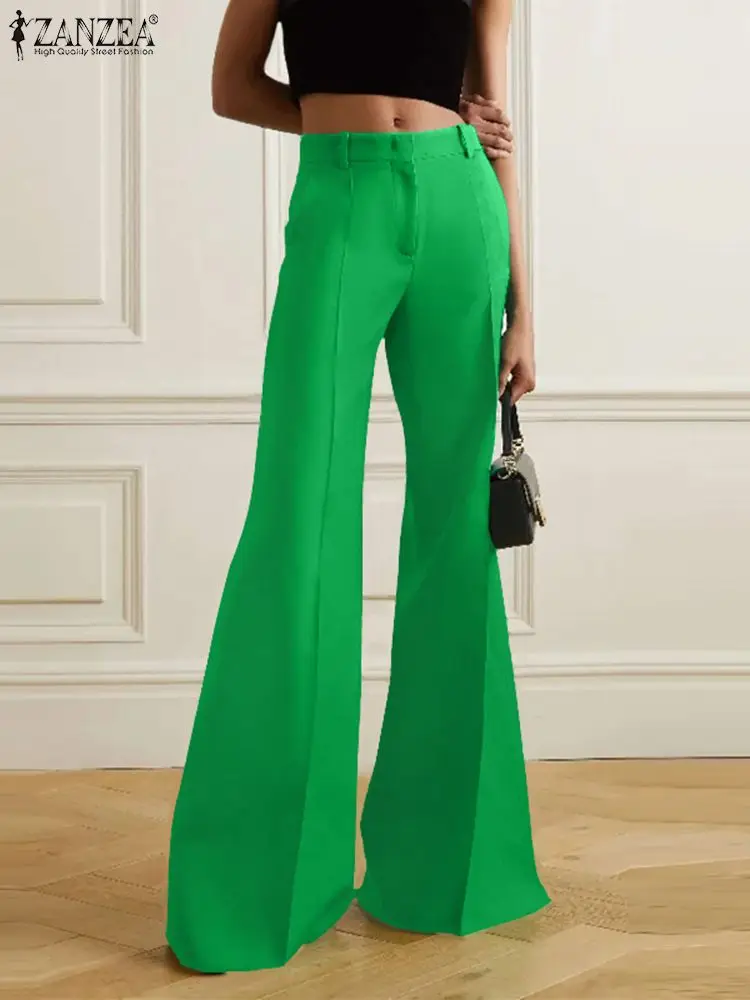 

Women Flared Trousers 2023 Autumn ZANZEA Fashion Long Pants Streetwear Mid-waist Pantalon Vintage Solid Color Commuting Pants