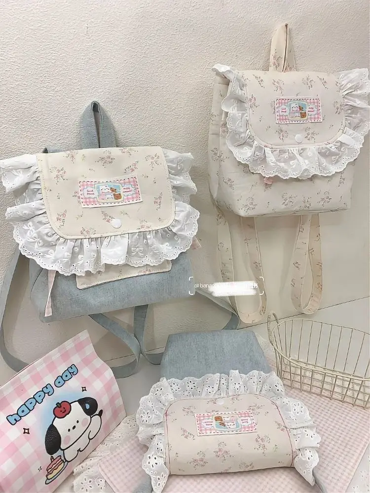 JIAERDI Retro Denim Large Capacity Canvas Bag Women New Lace Chic Sweet Cute Mini Backpack Female Harajuku Y2k Mochila Aesthetic