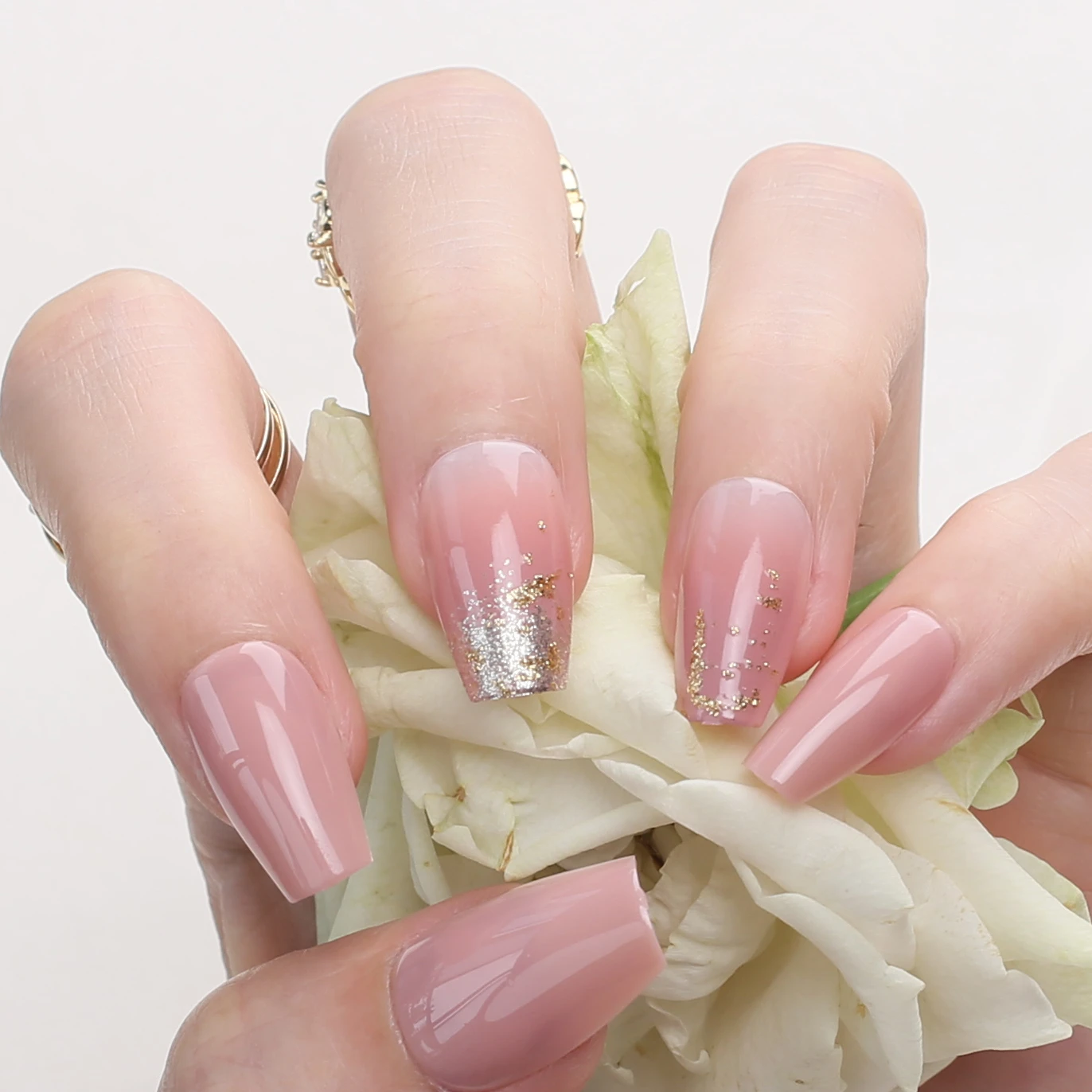 Gel Clear Nude Press On Nails Glitter Ombre Fake Nails Short Coffin Full  Nail Tips Glossy Rose Tan Nails Medium Ballet Nails - False Nails -  Aliexpress