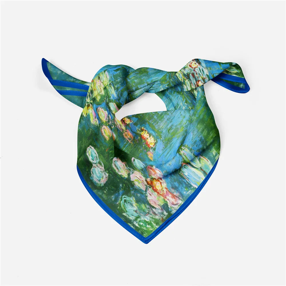 

53cm Luxury Woman Silk Square Scarf Bandana Headband Hijab Adult Muslim Neckerchief Monet Water Lilies In The Pond Painting