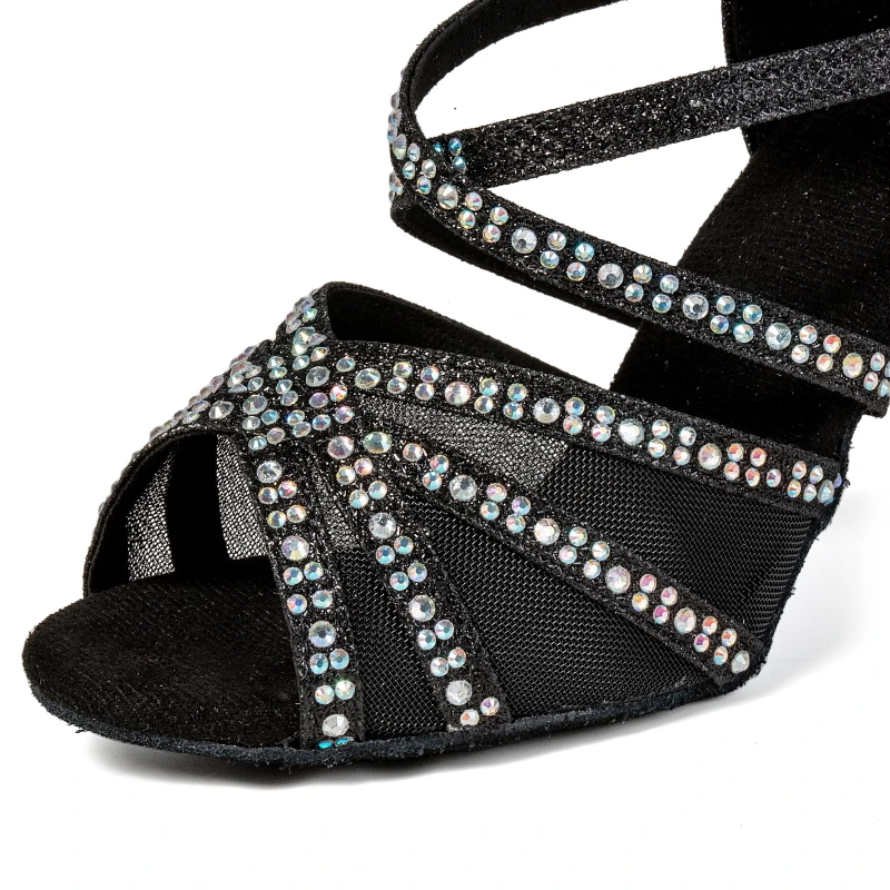 Latin dance shoes 2025 new adult women's mid heel 7.5cm black diamond studded soft soled dance shoes 6
