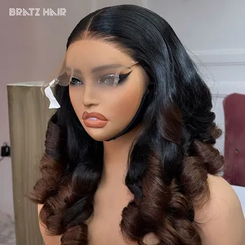400 Density 5by5 Loose Bouncy Curly Human Hair Wig Ombre Brown Bouncy Curly 13x4 13x6 HD Lace Frontal Wig for Woman Pre Plucked 1