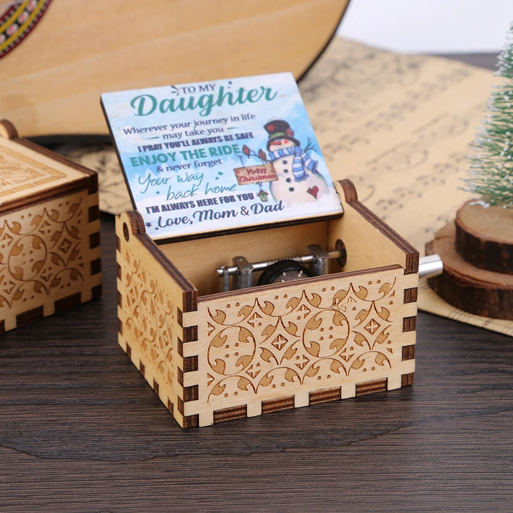 Christmas Music Box Hand Crank Engraved Musical Box Wooden Anime Theme Merry Christmas Decorations Birthday Gifts for Boy Girls
