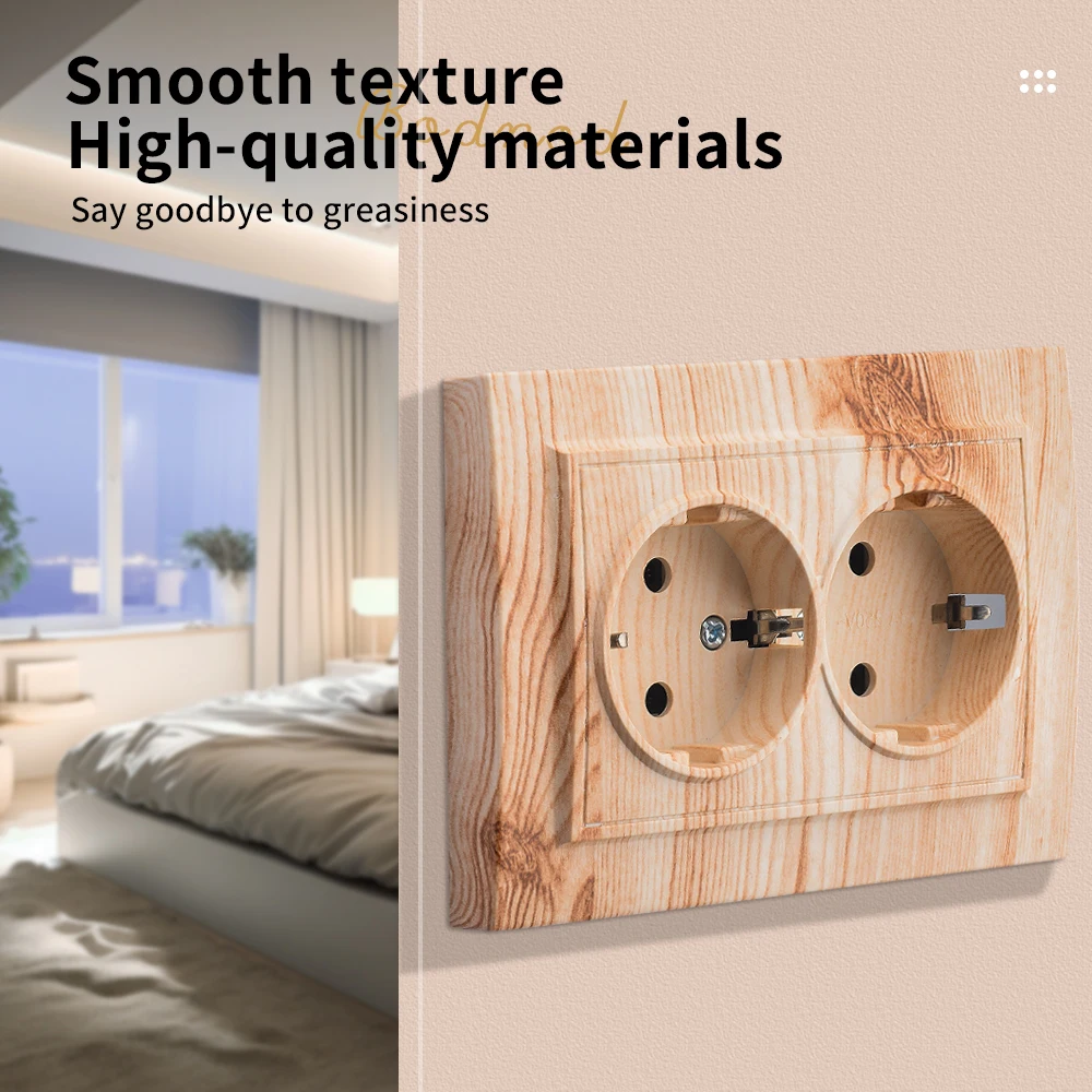 WESA Wood Power Socket 16A EU Standard Electrical Outlet Standard Ground Wall Socket Embedded Plug Flame Retardant Plastic Panel