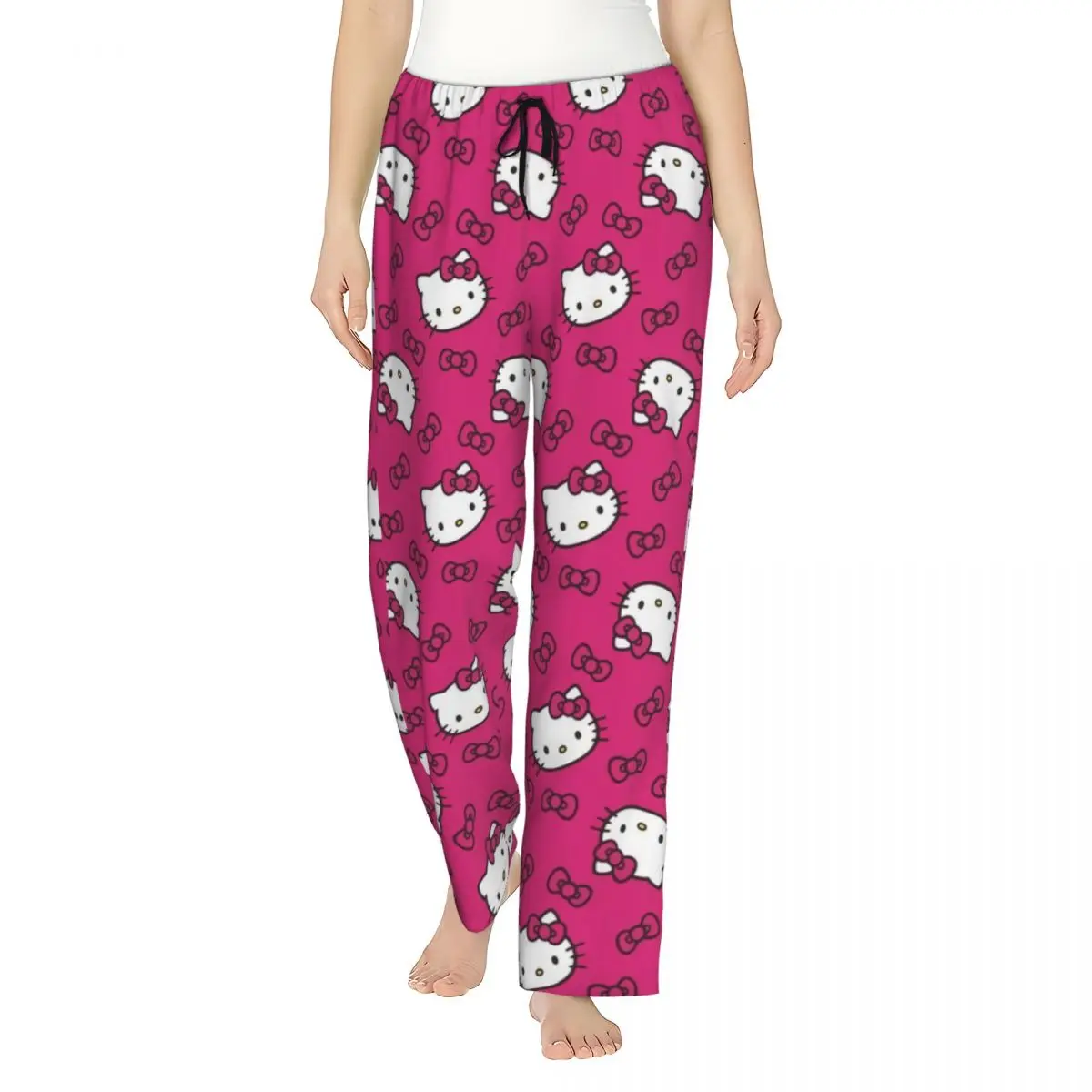 

Womens Pink Bow Animated Anime Hello Kitty Pajama Pants Custom Print Sleep Sleepwear Bottoms with Pockets