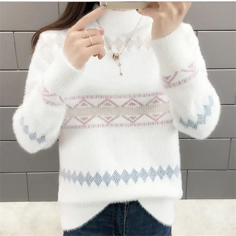 

2024 New Autumn Women Fashion Half Turtleneck Sweater Loose Casual Patchwork Faux Mink Fur Cashmere Knitting Pullovers W534