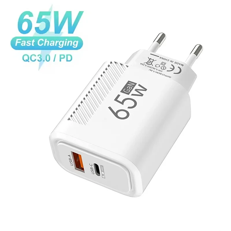 Ultra-Efficient 65W USB-C GaN Fast Charger with PD Type C Cable - Compact Travel Wall Adapter (EU/US Plug)
