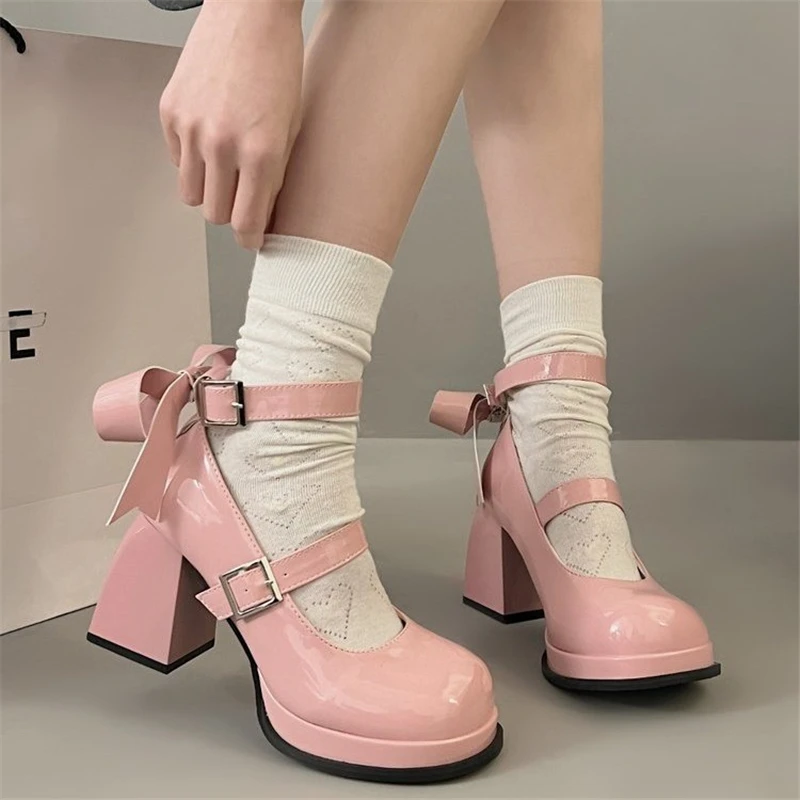 Summer Women Pumps Butterfly-knot Solid Casual Shoes With Party High Heels For Female Lolita Shoes Retro Shoes size 35-39 5