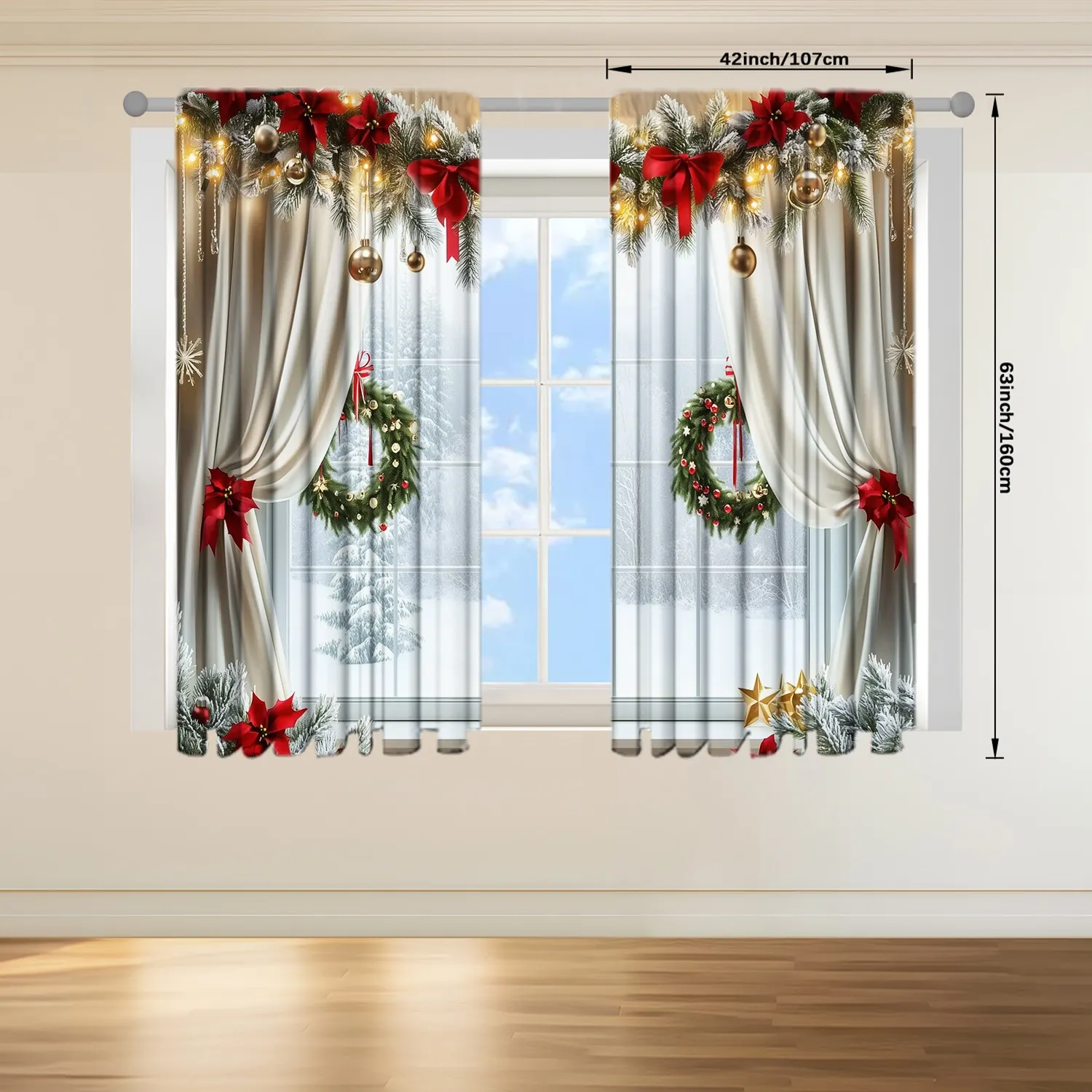 Description Picture 6 of item2pcs Windows with A Christm Printed Curtain for Christmas Home Decor - Rod Pocket Window Treatment for Bedroom, Office, Kitchen