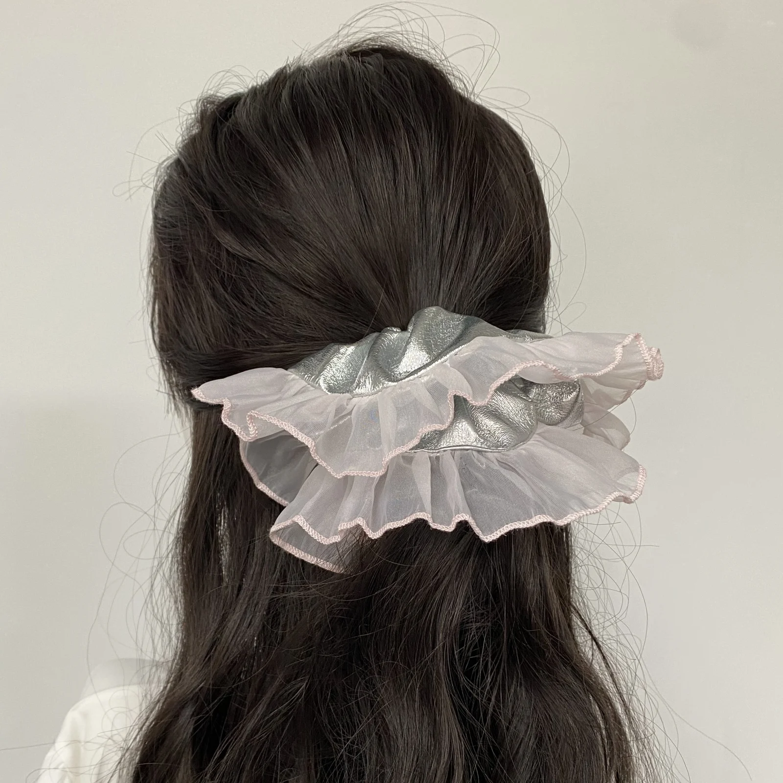 1PC  INS - Style Hair Scrunchies, Silver PU Leather With Pink Organza, Korean - Japanese Design, Chic Hair Bands
