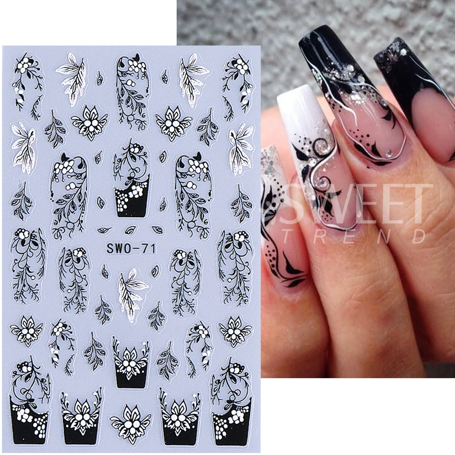 3D Lace Nail Sticker Black White Flower Floral Leaves French Line Manicure Design DIY Bohemian Gel Polish Slider Nail Decoration
