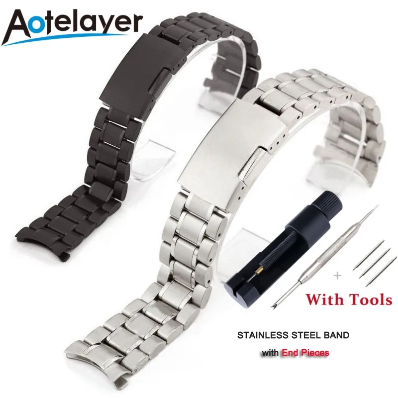 Stainless Steel Curved End Watch Band with Safety Folding Buckle Strap Bracelet
