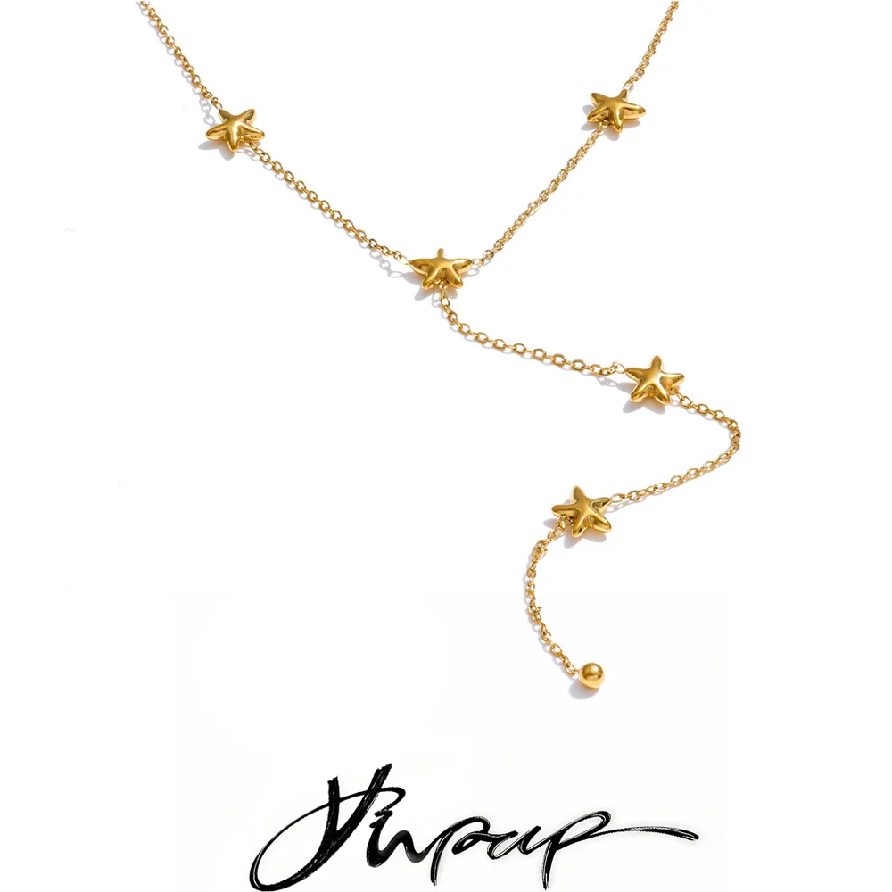 Yhpup Stainless Steel Stars Chain Drop Long Necklace Gold & Platinum PVD Plated