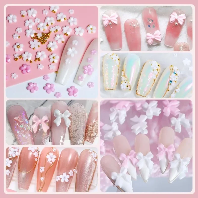 Mixed Acrylic Bowknot 3D Nail Art Decorations Flower Resin Charms Gold Beads Caviar Pearl Mixed Rhinestones Accessories Boxed 4