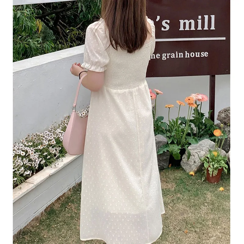 Plus Size Clothes Little Fresh and Sweet Square Collar Stringy Selvedge Solid Pleated Short Sleeve Bow Chiffon Princess Dress