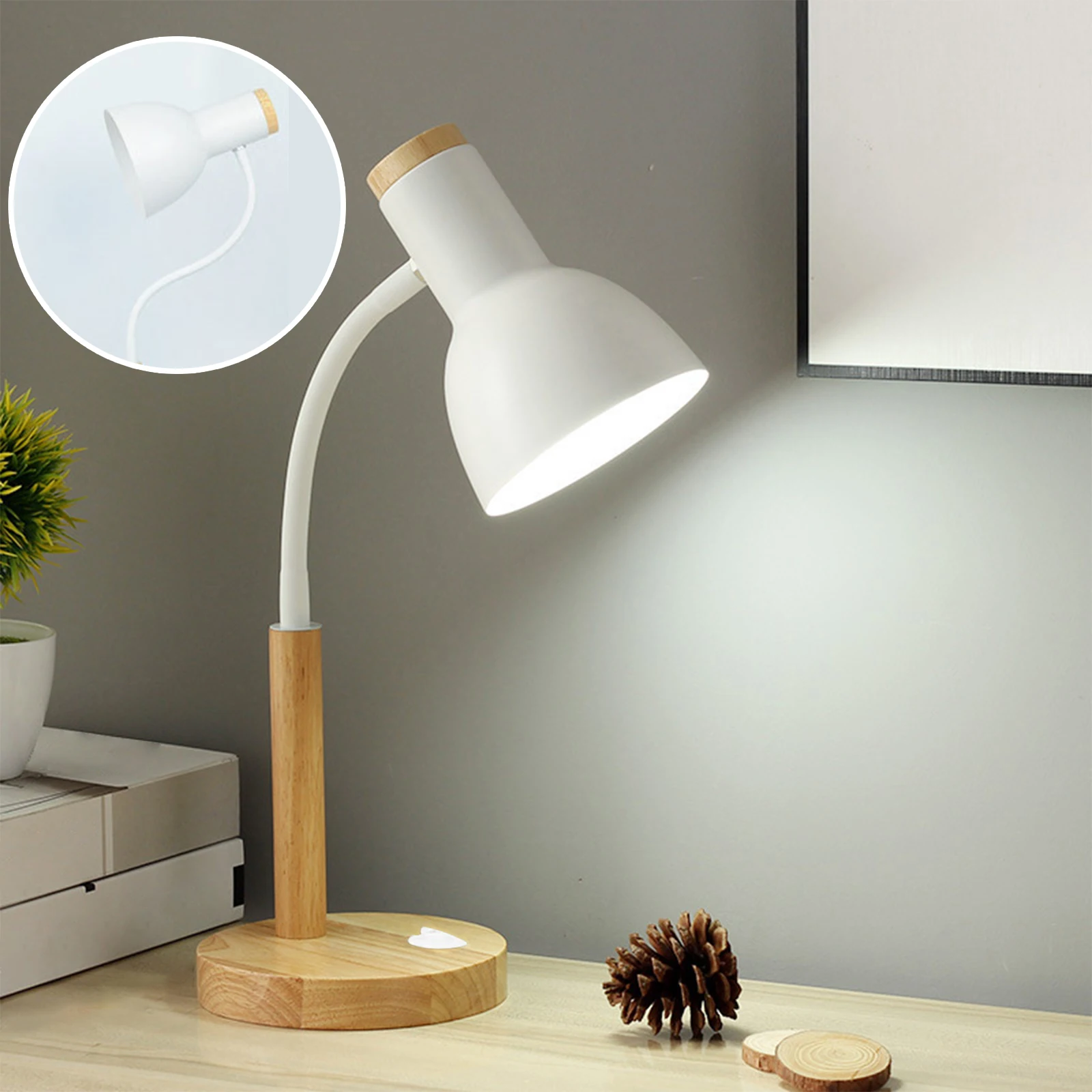 Eye Protection Reading Table Lamp with Wood Base Nordic Simple Iron Wood Table Lamp W/ 3 Colors for Home Office Study Bedroom