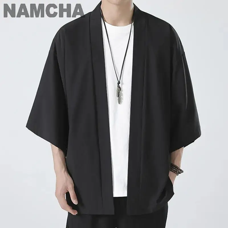 

Men Japanese Kimonos Shirt Summer Three-quarter Sleeve Cardigan Yukata Coat Loose Jacket Samurai Clothing