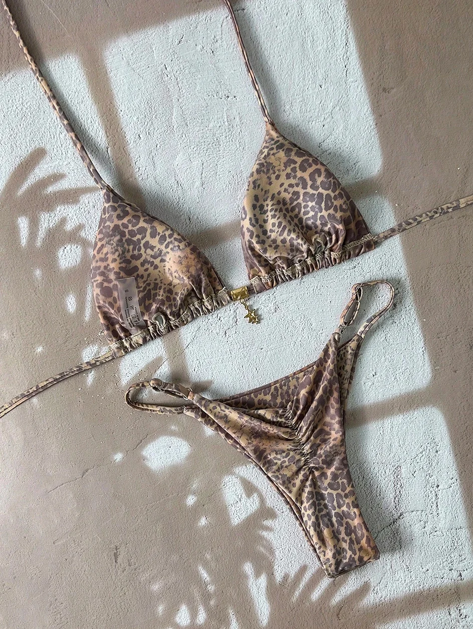 close-up of the halter bikini top and print detail