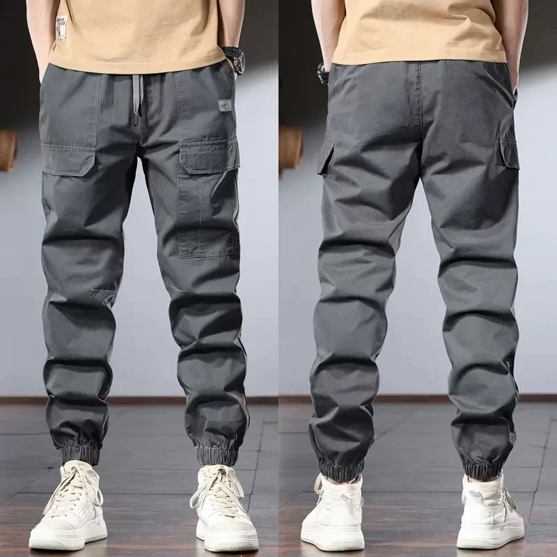 Summer Khaki Cotton Men's Cargo Pants Streetwear Tactical Casual Loose Elastic Waist Trousers