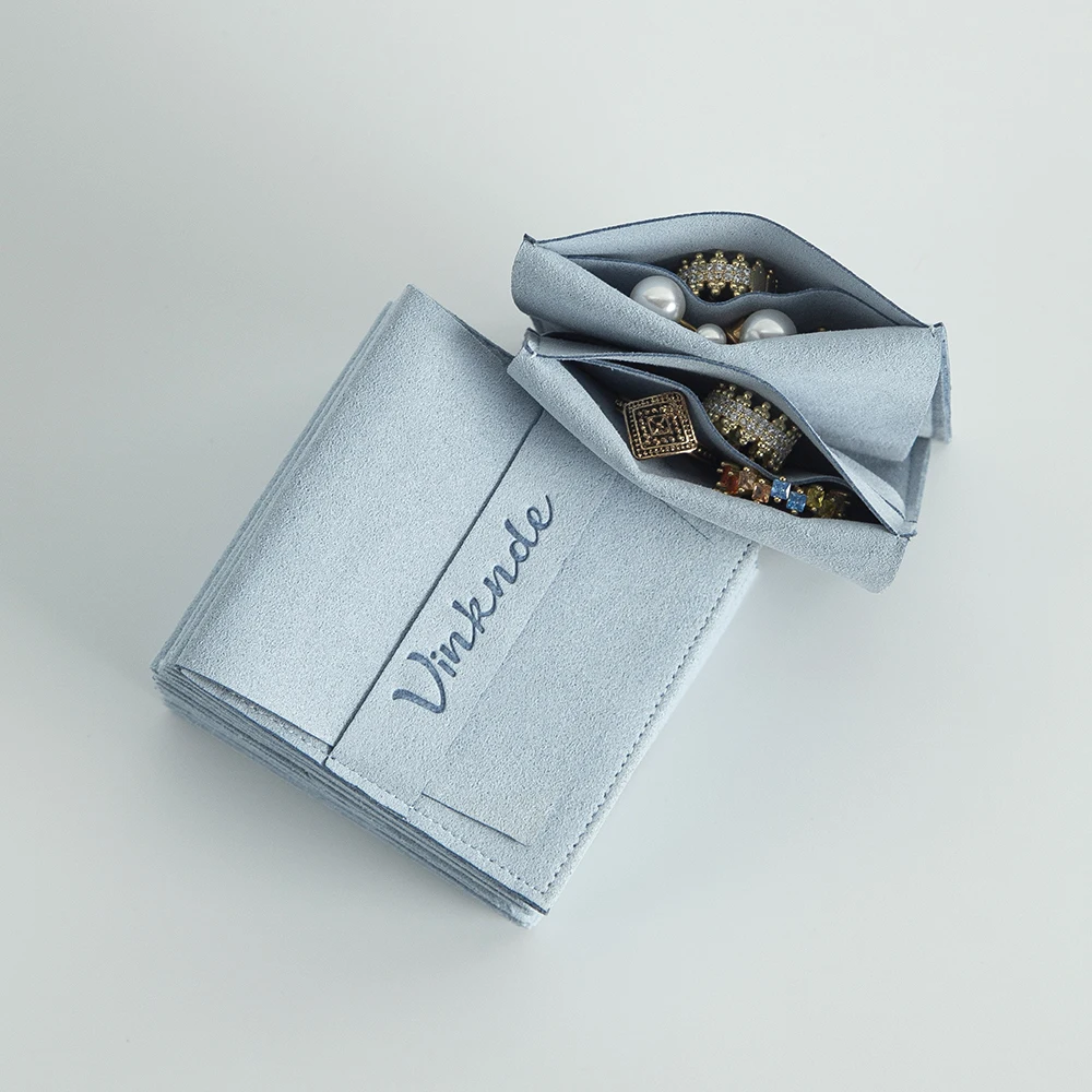 Personalized Logo Microfiber Suede Jewelry Gift Bags with compartment Velvet Jewelry Rings Earings Wedding Packaging Organizer