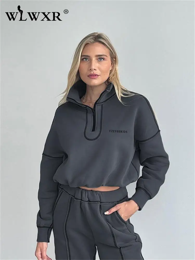 

WLWXR Fall Loose Women Sweatshirts Long Sleeve Crop Tops Streetwear Sweatshirts Turtleneck Soild Zipper Sweatshirt Women 2022