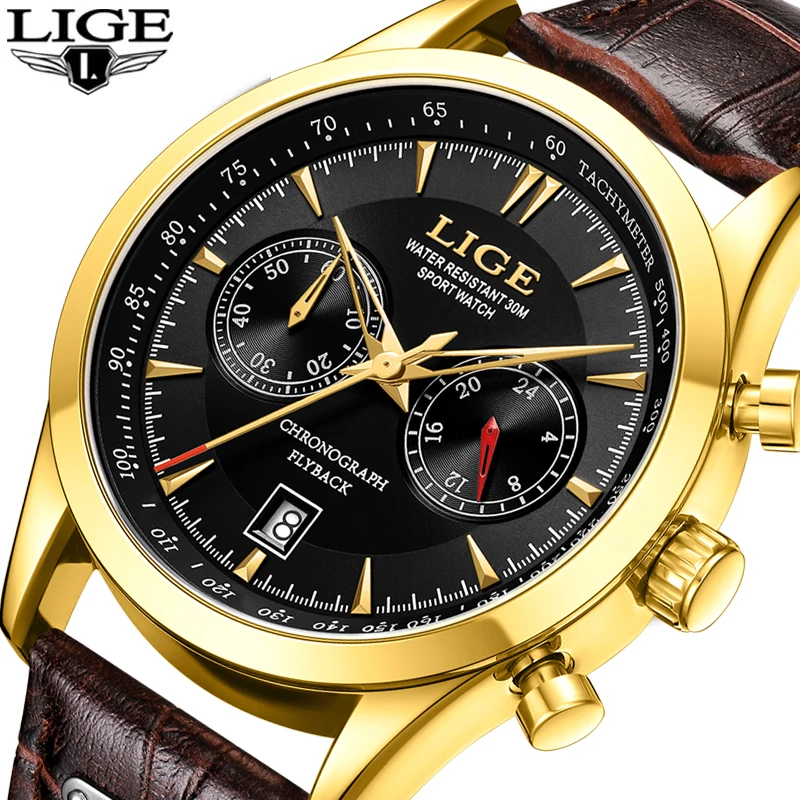 LIGE Men's Watch Big Dial  Leather Band Date Mens Business Male Watches Waterproof Luxuries Men Wrist Watches for Men