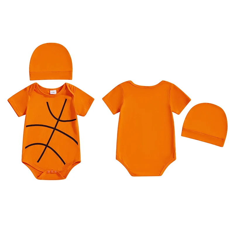FOCUSNORM 0–12 Monate Neugeborenes Baby, Jungen, Sommer-Strampler-Outfits, Basketball-Aufdruck, kurze Ärmel, Rundhals-Overalls mit Hut, 2-teiliges Set – Detail 2