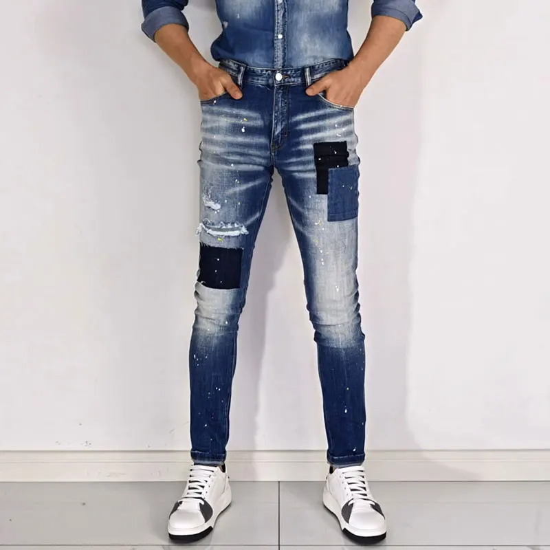 Street Fashion Men Jeans Retro Blue High Quality Elastic Skinny Fit Ripped Jeans Men Patched Designer Hip Hop Brand Pants Hombre