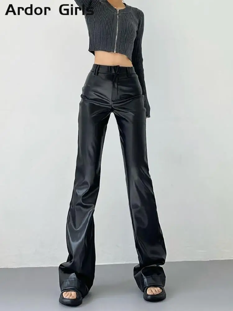 

Уличные кожаные брюки Y2k, женские черные мотоциклетные и байкерские женские широкие брюки-клеш в стиле панк, модные женские брюки из искусственной кожи с высокой талией, 2023