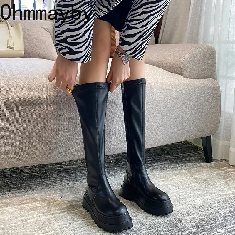 Women Knee High Boots Winter Chunky Platform Heels Round Toe Zipper Thick Sole Ladies Fashion