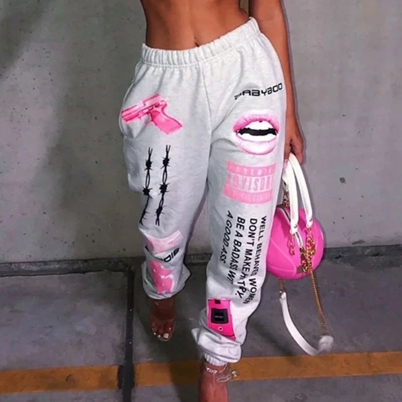 Women Fashion High Waist Baby Girl Letter Print Sweatpants Drawstring Workout Trousers Activewear Sporty Trouser Joggers Pants