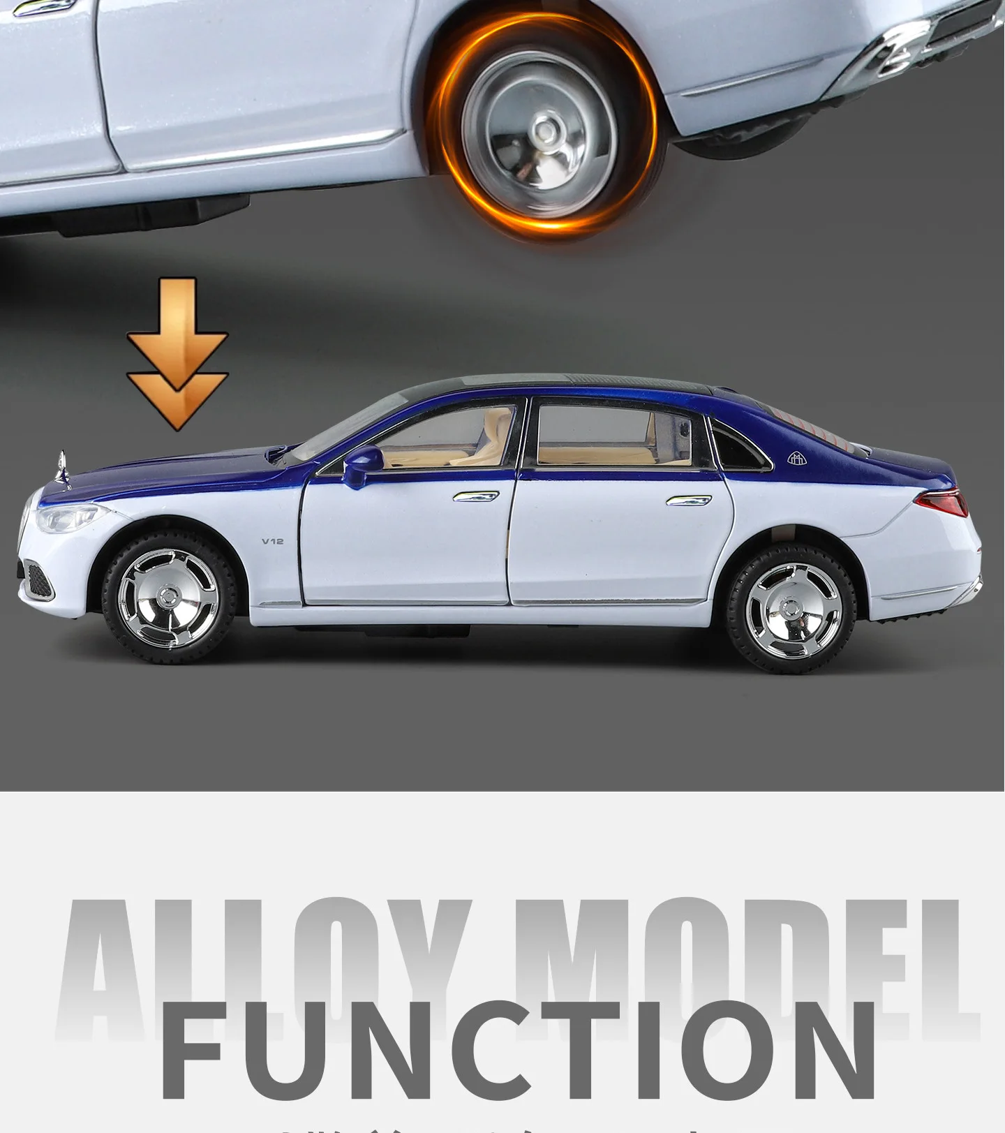 1:24 Maybach S680 Schlüsselgesteuertes Modellauto aus Legierung, Spielzeugauto aus Metallguss mit Sound und Licht, Rückziehauto für Kinder – Detail 17