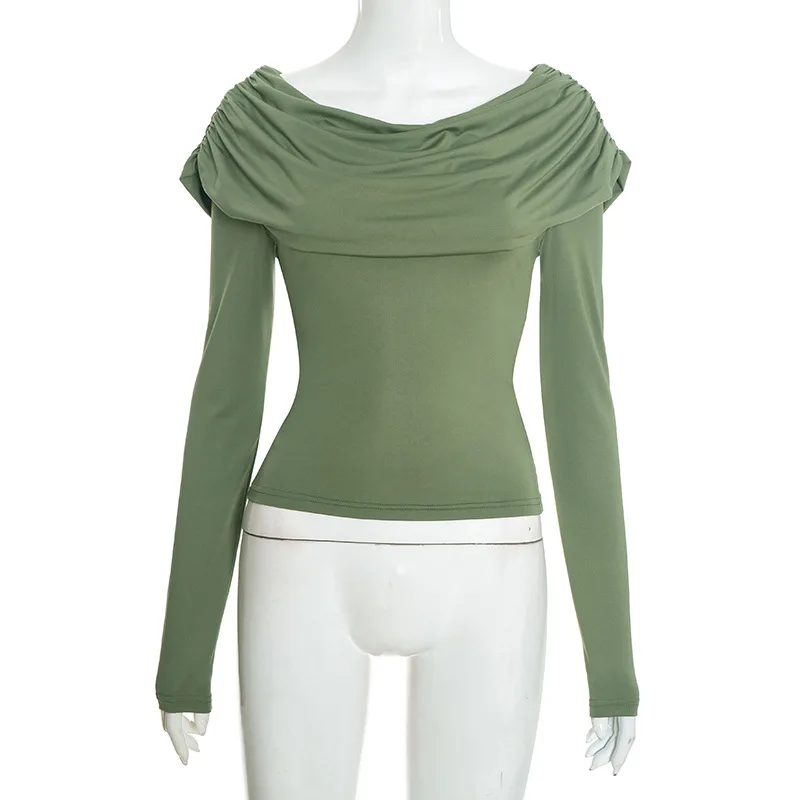 New Spring and Summer 2026 Deep Round Neck Folded Solid Color Women's Long Sleeve T-Shirt Y2k Fashion Slim Fit Pullover Top