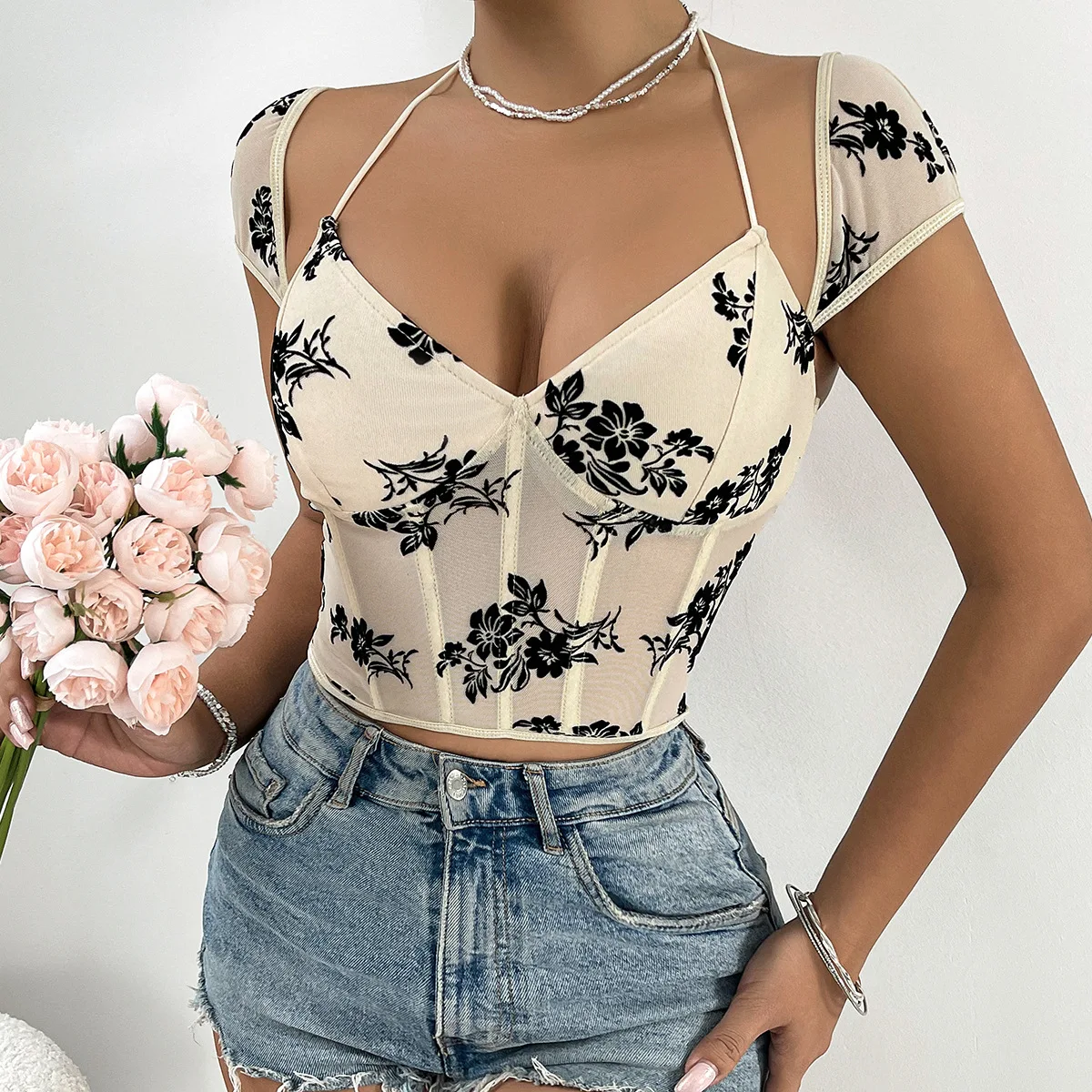 

Backless Print Crop Tops Women's Corset Tank Top Summer Sexy Short Sleeve Halter Bustier Female Slim Fit Casual Camisole T-shirt