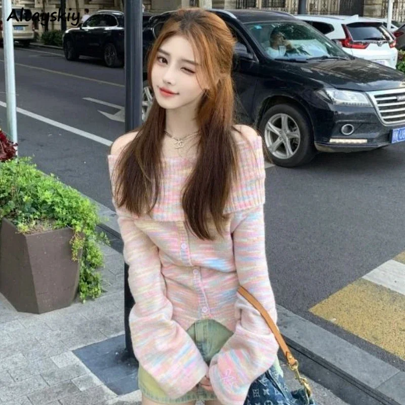 

Pink Knitted Pullovers Women Cozy Slash Neck Sweater Chic Slim Ulzzang Girlish Warm Gentle Autumn Winter Streetwear Causal Mujer